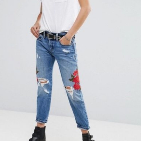 Levi's 501 Floral Embroidered Distressed Ripped Taper Cropped Button Fly Jeans - Picture 1 of 8